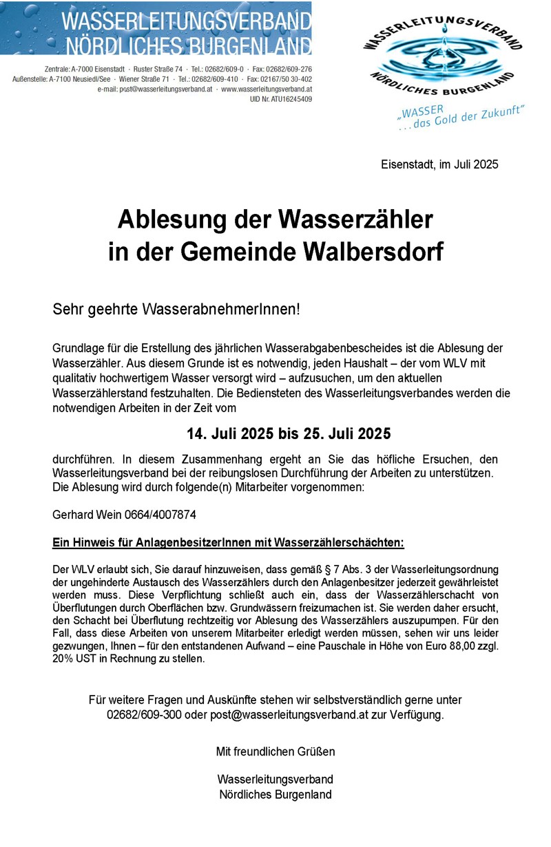 WLV Information - Wasserzählerablesung Walbersdorf 2025