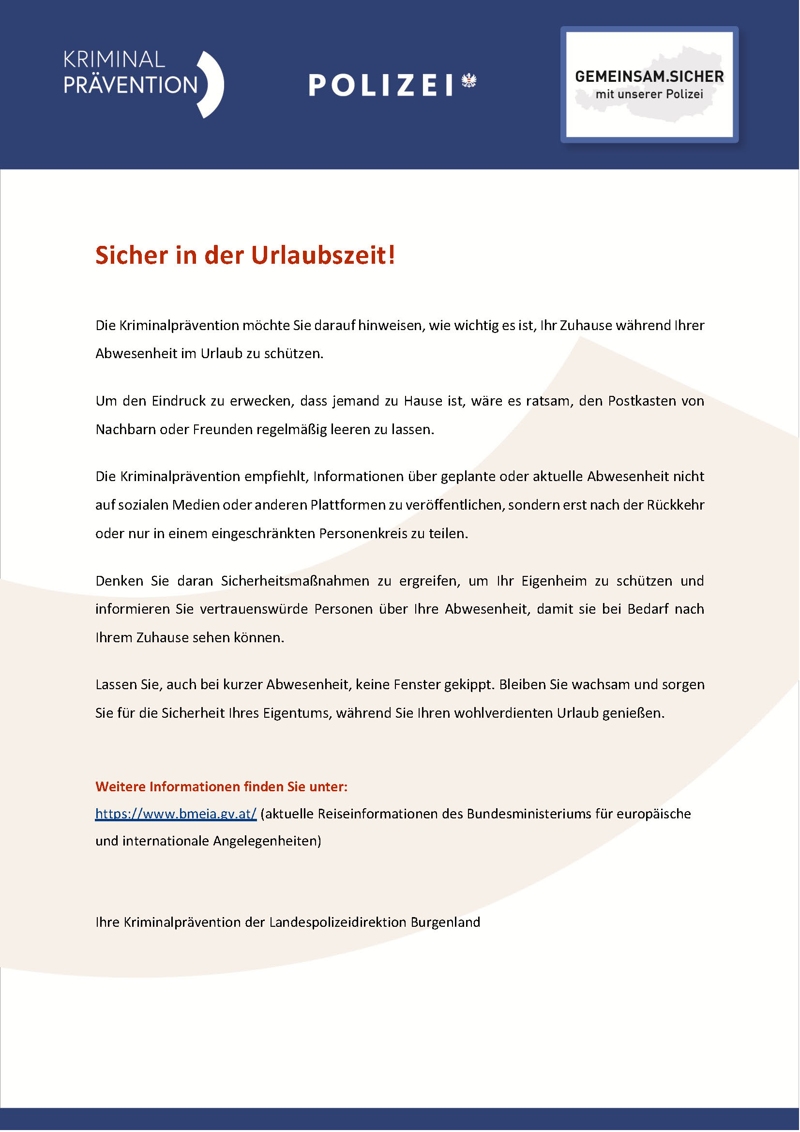 Sicherheitstipp - GEMEINSAM.SICHER in der Urlaubszeit